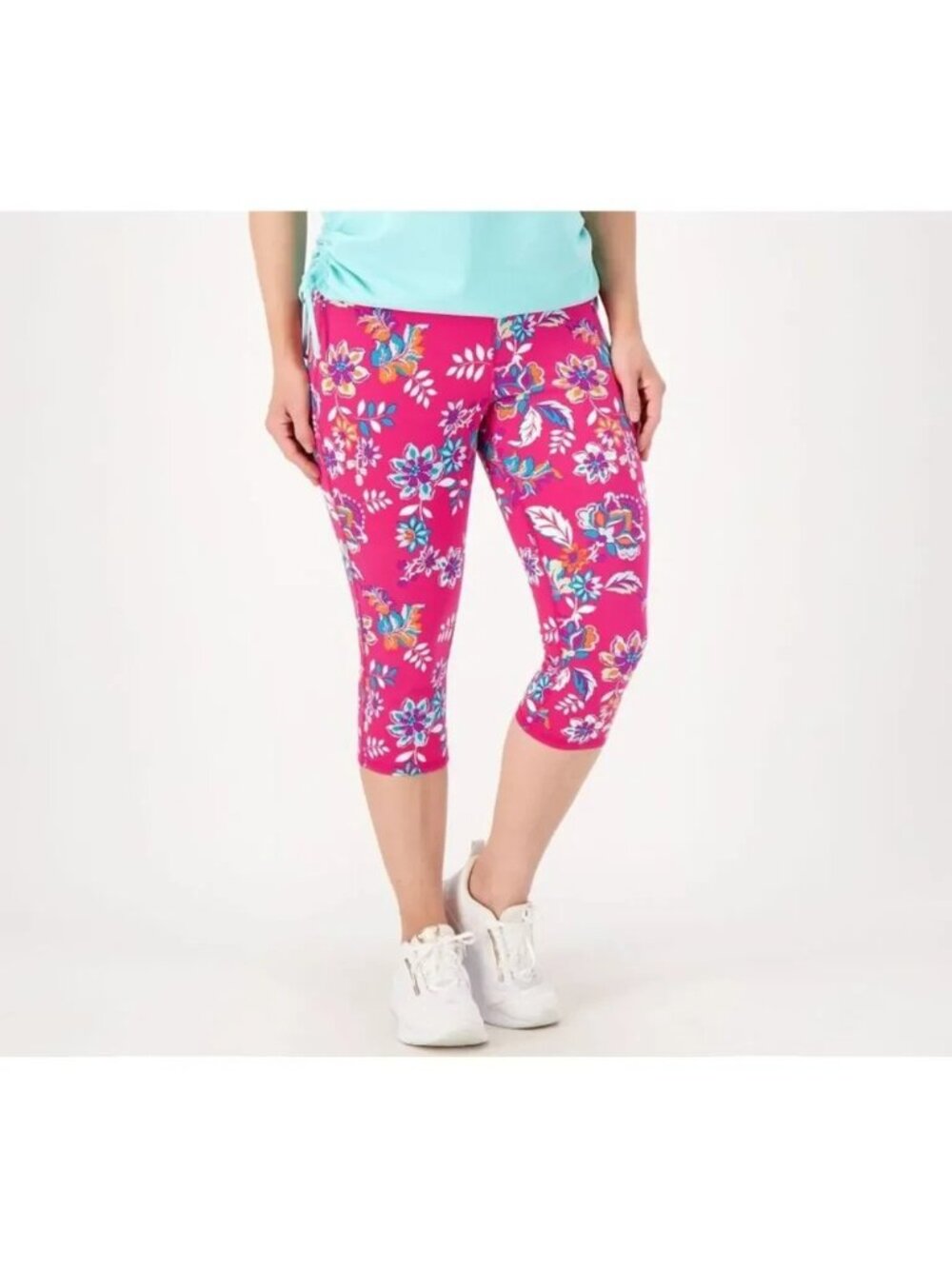 Sport Savvy Women Leggings PXL Capri Jersey Floral Printed Pull On Pink A594514